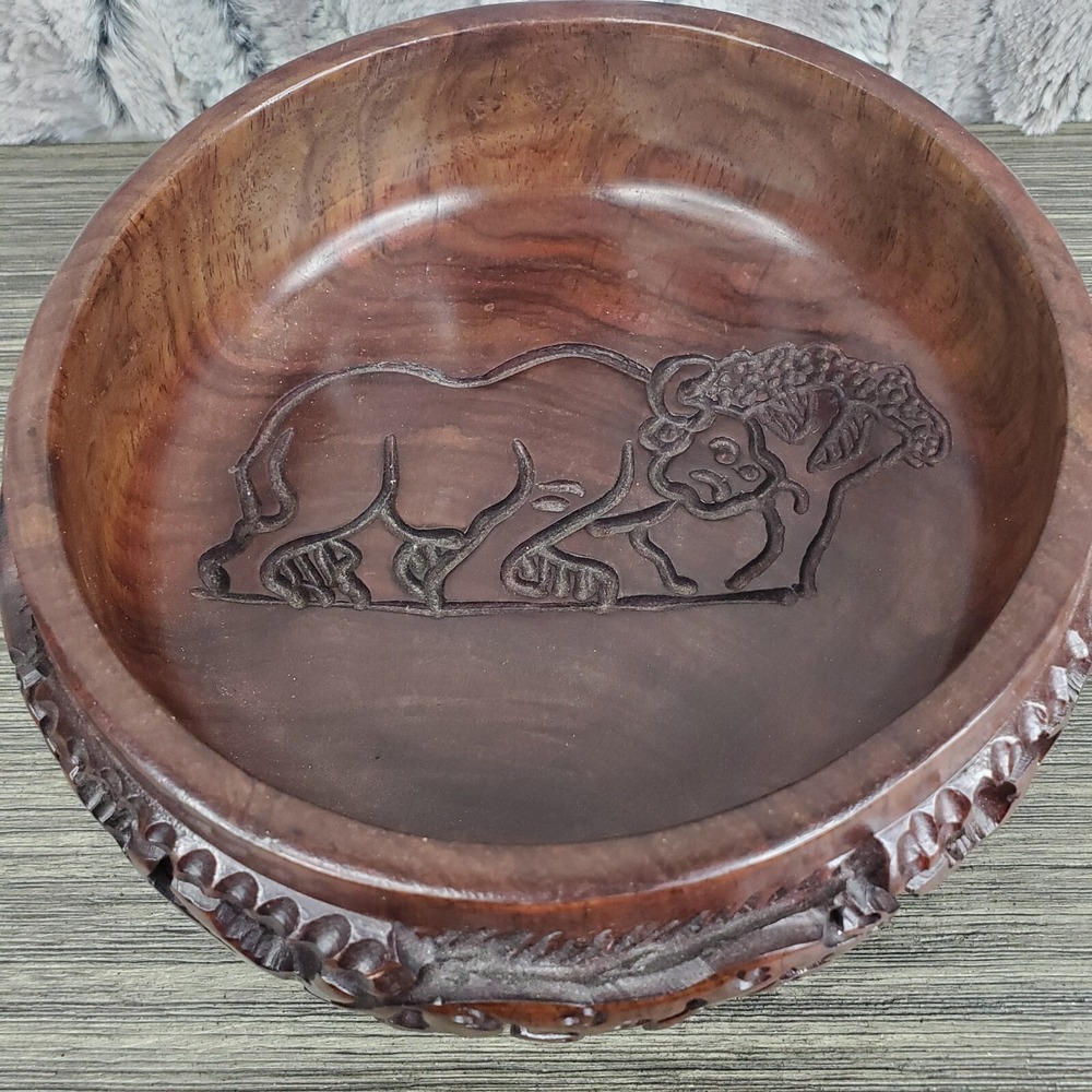Detailed Craved‎ Safari Jungle Animals Dark Rosewood Thick Decorative Bowl 6.5"